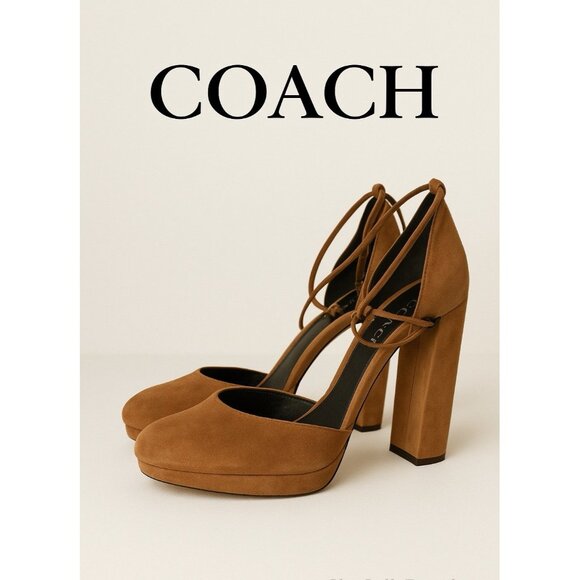 Coach Women’s Suede Block Heel Pumps Brown Size 10 Elegant Designer Shoe - Picture 1 of 15